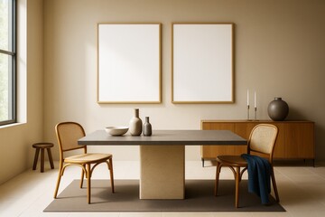 Modern dining room interior with minimalist decor, wooden chairs, empty wall frames and soft natural light through window in contemporary space.