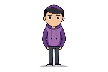Boy in Purple Hoodie: A young boy wearing a purple hoodie stands against a white background. He has dark hair and a neutral expression. The illustration is clean and simple.