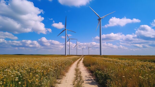 Serene landscape with a line of wind turbines standing tall in a field of wildflowers under a vibrant blue sky