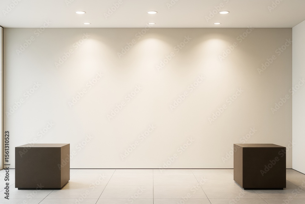 Aufkleber contemporary empty interior room with spotlights and two dark cube platforms placed against a clean 