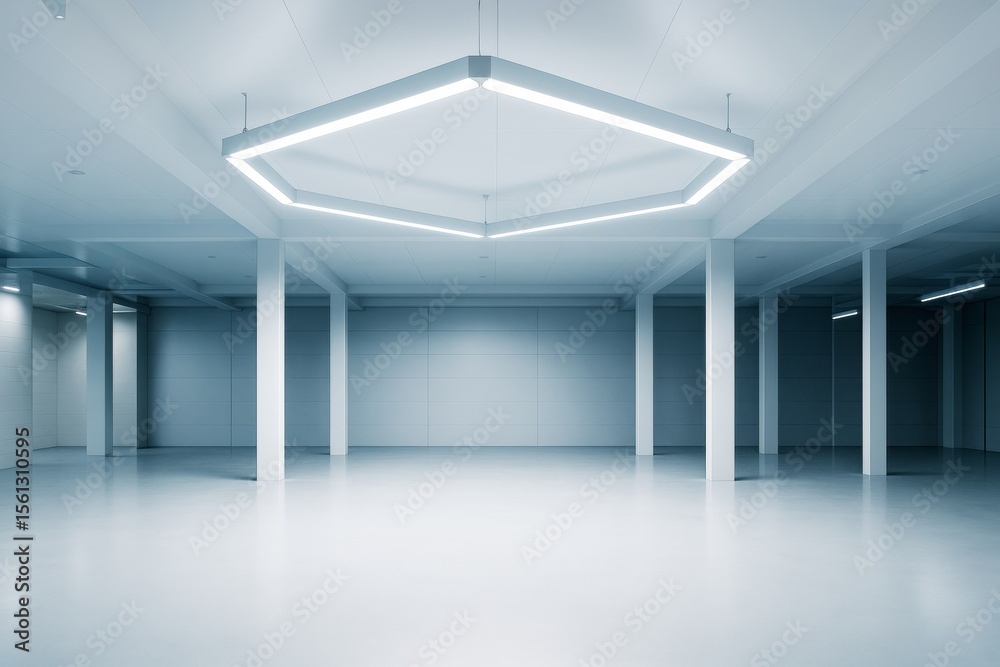 Poster Modern empty interior room with geometric ceiling light in clean architectural space with columns and smooth floor, ideal for branding concept.