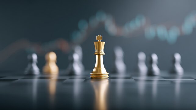 On a board, golden chess pieces are arranged, contrasting with a blurry stock market chart in the background, indicating wise financial moves