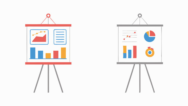 Two presentation boards displaying charts and graphs for data analysis and business review meeting
