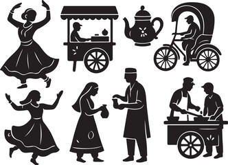 A set of traditional South Asian street food vendor silhouettes showcasing chai walas, tea stalls, and roadside food carts in a vintage, cultural style. Perfect for heritage-themed art, documentaries,
