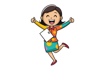 Excited cartoon woman holding a blank paper and giving a thumbs up with a joyful expression and colorful outfit