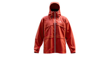Red rain jacket isolated: A fashionable red waterproof rain jacket with a hood is placed, ready to face the elements in stylish comfort and protection.