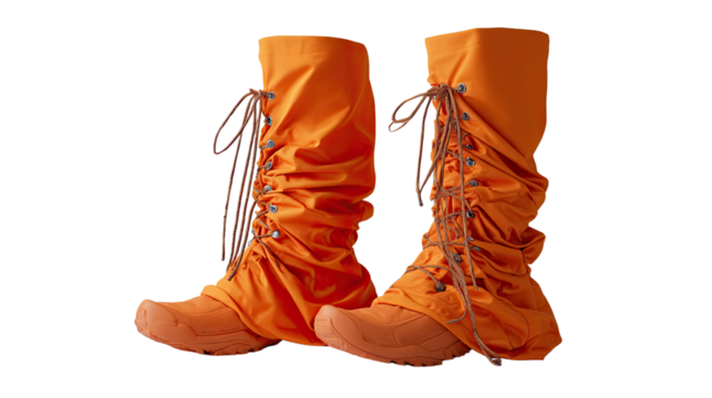 Orange Boots Display: A pair of eye-catching orange boots, with elegant lace detailing, a splash of color, ready for a stylish statement.