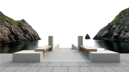 Harbor Seating: The serene image portrays a meticulously designed harbor scene, featuring stone benches positioned strategically against the backdrop of rugged cliffs, overlooking the calm sea.