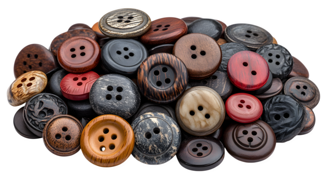 Hyperrealistic pile of assorted vintage buttons (wood, plastic, metal). Sharp focus showcasing different textures and shapes. 