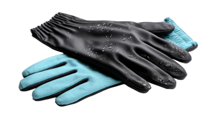 Protective Gloves: A close-up shot reveals a pair of gloves, one black and one blue, showcasing their material, design, and potential uses in protection or other manual activities. 