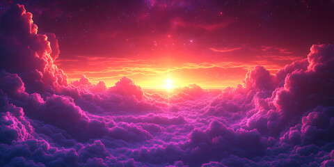 Ethereal pink clouds with golden sunset and starry sky backdrop generative ai creation