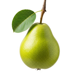 A vibrant green pear with a stem and a single leaf, showcasing its fresh and natural appearance. Ideal for food, health, or market related designs.