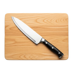 A sharp chef knife with a black handle rests diagonally on a natural wooden cutting board, ready for food preparation in any kitchen setting.