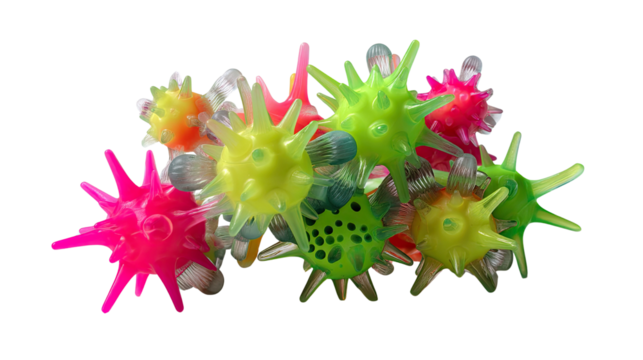 Colorful Microscopic World: An intriguing macro view of vibrant, spiky spherical shapes. The image is alive with intricate details, reflecting the beauty of unseen biological structures.