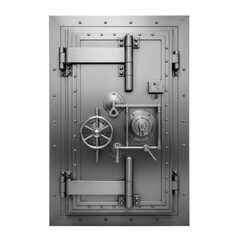 A robust metal vault door featuring a large turning wheel, multiple levers, and heavy duty hinges, symbolizing security and protection.