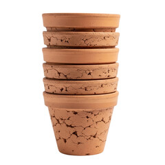 A vertical stack of five rustic terracotta clay flower pots, ideal for gardening, planting, and home decoration, showcasing natural texture.
