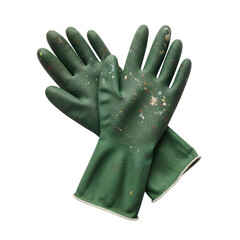 A pair of worn green work gloves, covered in colorful paint splatters, suggesting use in painting, gardening, or diy projects.
