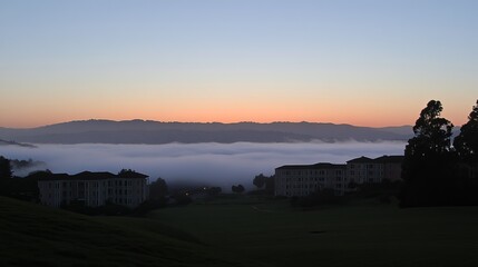Serene sunrise over fog-shrouded valley, showcasing residential buildings nestled on a verdant hillside