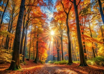 Fototapeta premium A serene forest landscape with towering trees and vibrant autumn foliage