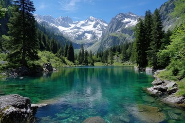 Majestic mountain lake surrounded by lush greenery and snow-capped peaks in daylight