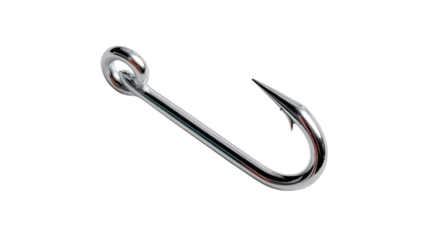 Fishing Hook: Close-up of a single, sharp, chrome fishing hook isolated on white.