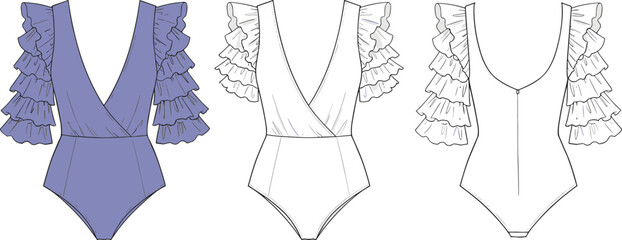 Ruffled sleeve bodysuit fashion flat, stylish women's swimwear sketch, fashion illustration design, technical flat drawing, elegant swimsuit vector flat vector illustration