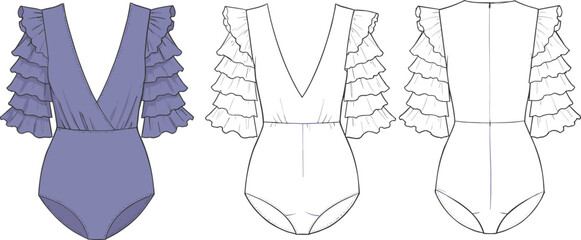 Ruffle sleeve bodysuit design, deep V neck swimsuit illustration, fashion technical sketch, women's apparel flat, garment drawing templateflat vector illustration