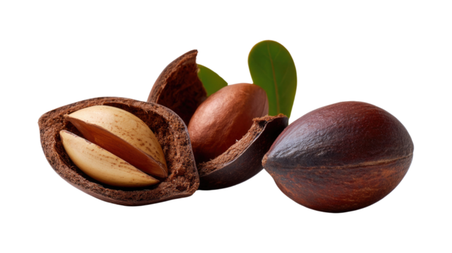 Healthy Shea Nuts Showcase: A close-up shot showcases the rich textures and natural beauty of shea nuts, with their protective shells revealing the nourishing kernels and fresh leaves.