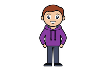 Smiling Cartoon Boy: A cheerful cartoon boy with brown hair and a purple hoodie stands with a friendly smile, perfect for children's media, websites, and applications.