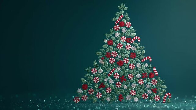 A Christmas tree shape made of small green leaves, red berries, white flowers, and candy canes stands on a glittery dark teal surface.