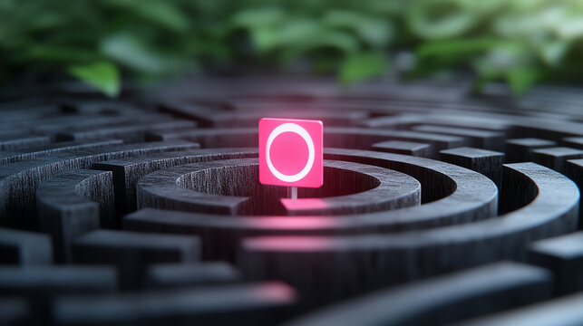 A vibrant pink symbol stands at the center of a complex maze, surrounded by greenery, symbolizing innovation and navigation.