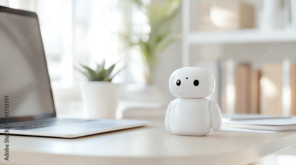 Poster a white robot figure sits on a desk next to a laptop, symbolizing the fusion of technology and every