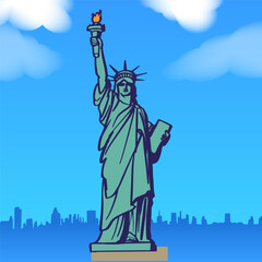 Obraz premium Statue of Liberty monument on blue skyline. Flat vector illustration of American symbol for travel blogs, education, posters; evokes freedom and patriotic inspiration.