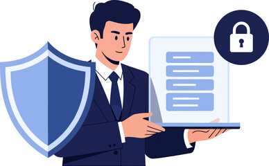 Cartoon Businessman Presenting Data Security with Shield Document and Padlock.