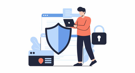Digital Security Illustration Man with Laptop Shield and Padlock.