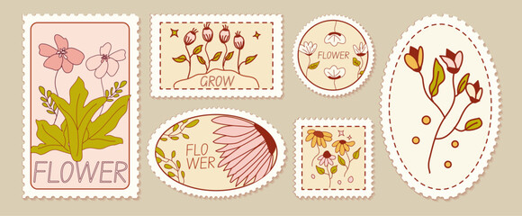 Retro simple florals in postage stamp vintage illustration set. Abstract hand drawn doodle cartoon floral elements, Retro vintage style flower  with sparkle., daisy, aster, chrysanthemum, marigold, ca