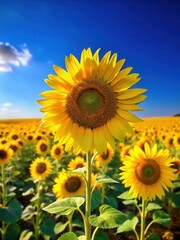 Fototapeta premium Warm sunflower field with tall stalks and bright yellow petals against a clear blue sky