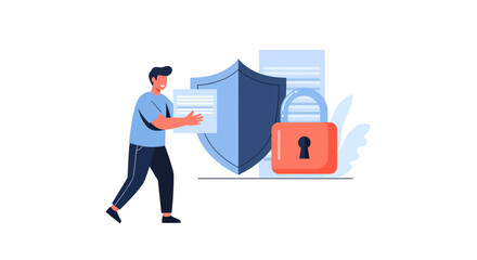 Man carrying document with shield and padlock representing data protection.