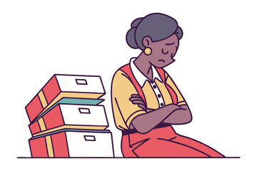Overwhelmed businesswoman with arms crossed sits next to a tall stack of files looking down with a sad expression