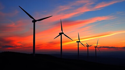 Silhouetted wind turbines stand tall against a vibrant sunset over rolling hills, a picturesque display of renewable energy