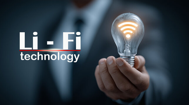 Businessman holding glowing light bulb with Li-Fi wireless icon in dark background
