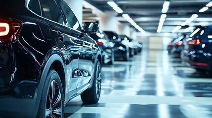 Obraz premium Sleek black car parked in a modern, brightly lit underground parking garage with other vehicles