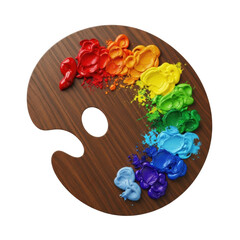 A classic wooden artist palette holds a vibrant array of paint colors, from red to blue, arranged in a beautiful rainbow spectrum, perfect for creative projects.