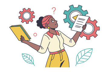 Confused woman holding documents and looking at gears and question mark symbolizing decision making and problem solving