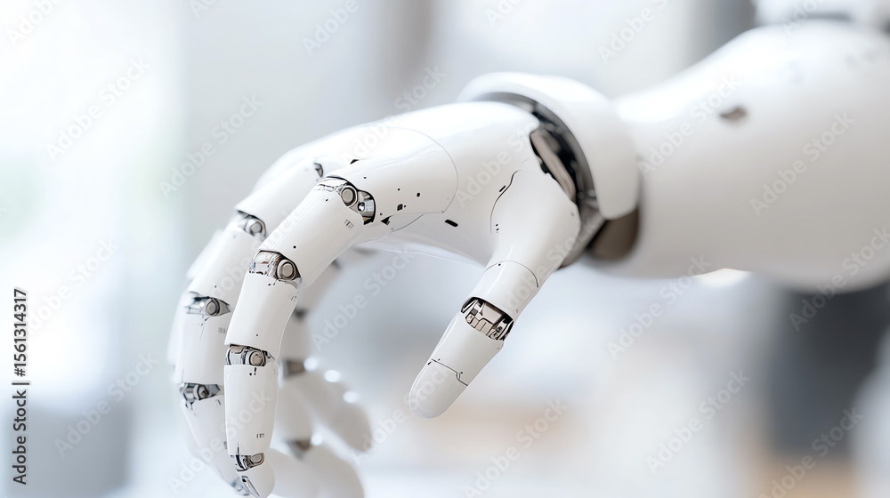 Poster Close-up of a robot hand, showcasing intricate designs and mechanisms, representing advancements in artificial intelligence and robotics.