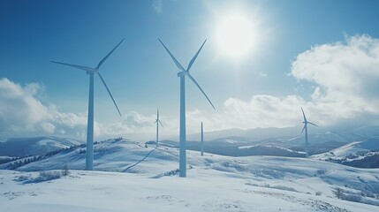 Snowy landscape with wind turbines generating clean energy under a bright sun