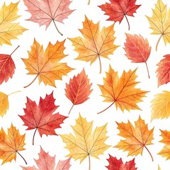 Seamless Background with Layered Watercolor Autumn Leaves and Textured Effects on White Background