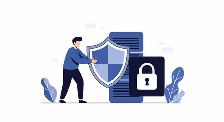 Man holding shield protecting data server and padlock icon.