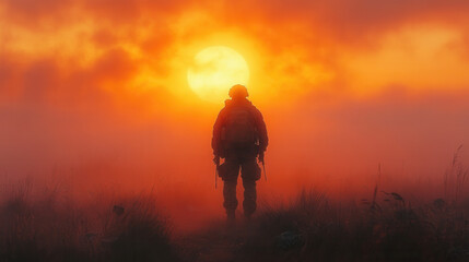 lone soldier in helmet and tactical gear walking through foggy battlefield, silent war scene 