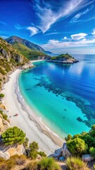 Fototapeta premium Panoramic view of a scenic coastline with turquoise waters and white sandy beach at Cape Praso on Samos island in Greece
